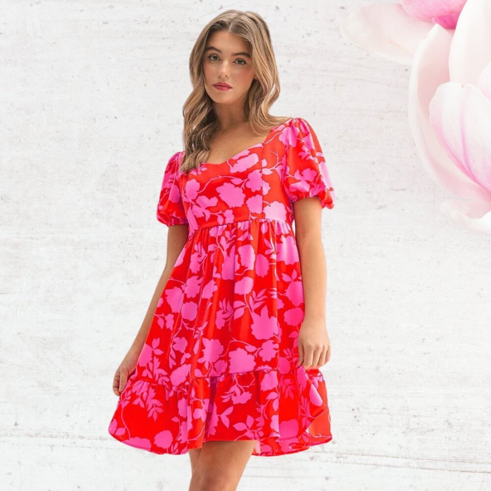 Floral Bubble Sleeve Ruffled Mini Dress